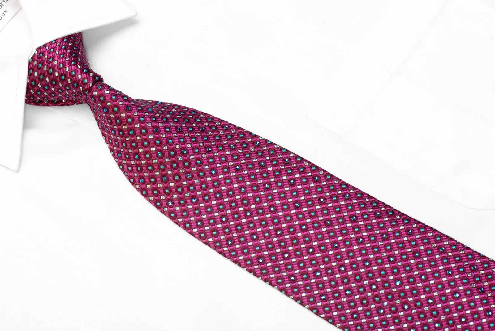 Men's Silk Necktie Blue Micro Squares On Purple Geometric With Rhinestones