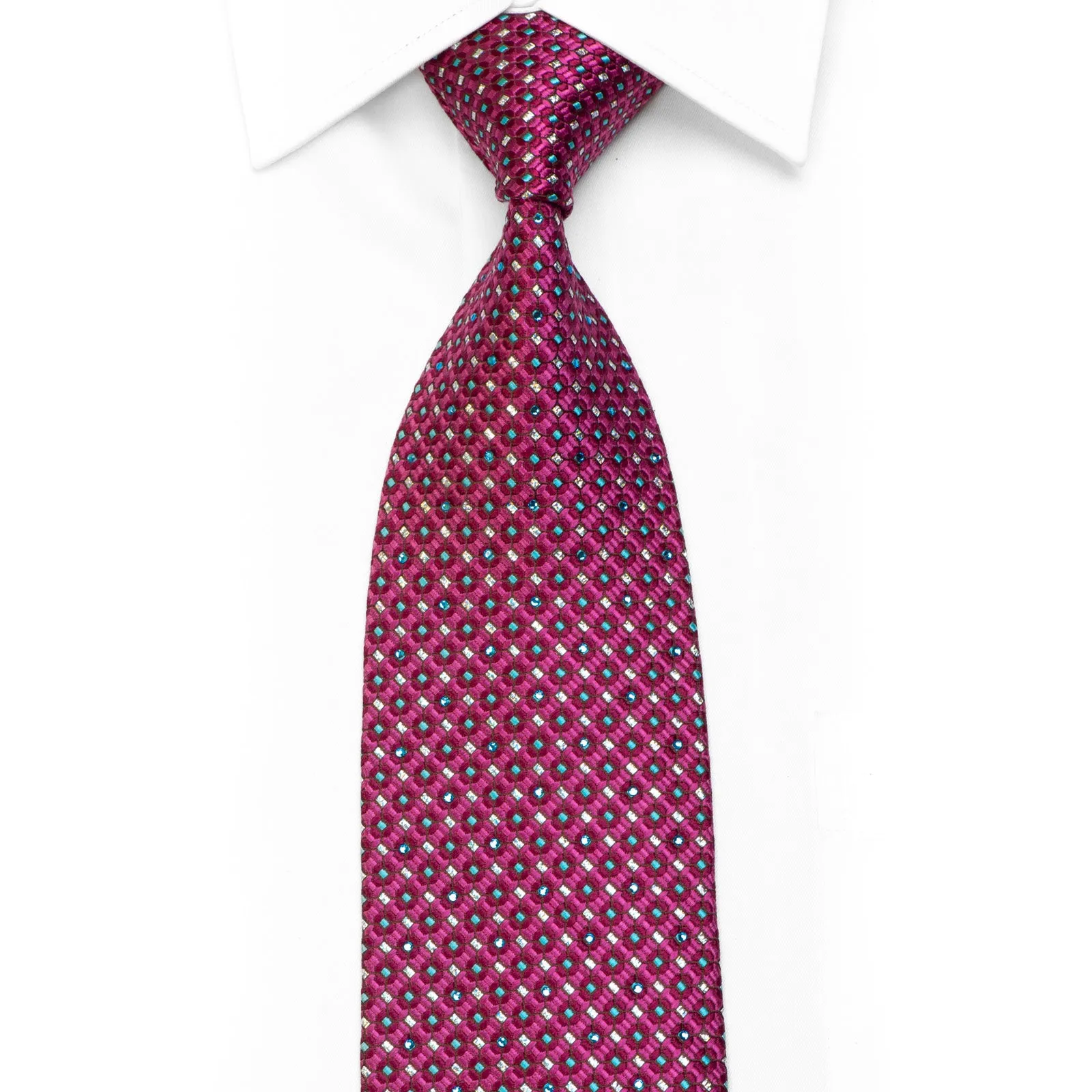 Men's Silk Necktie Blue Micro Squares On Purple Geometric With Rhinestones