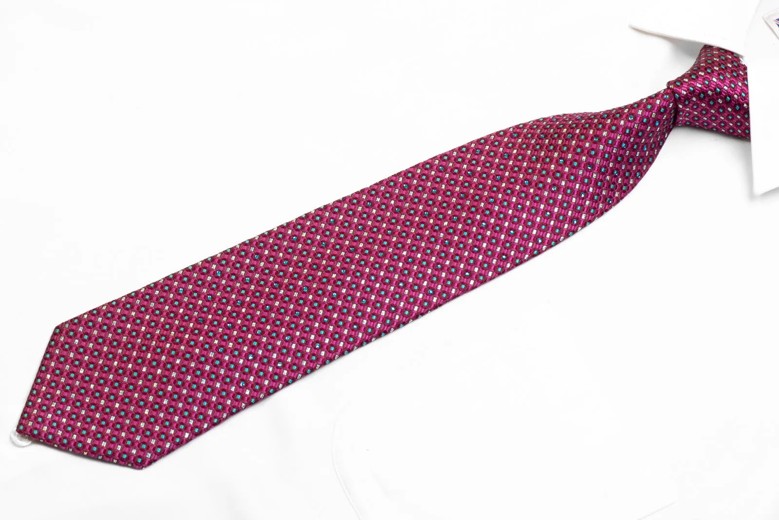 Men's Silk Necktie Blue Micro Squares On Purple Geometric With Rhinestones