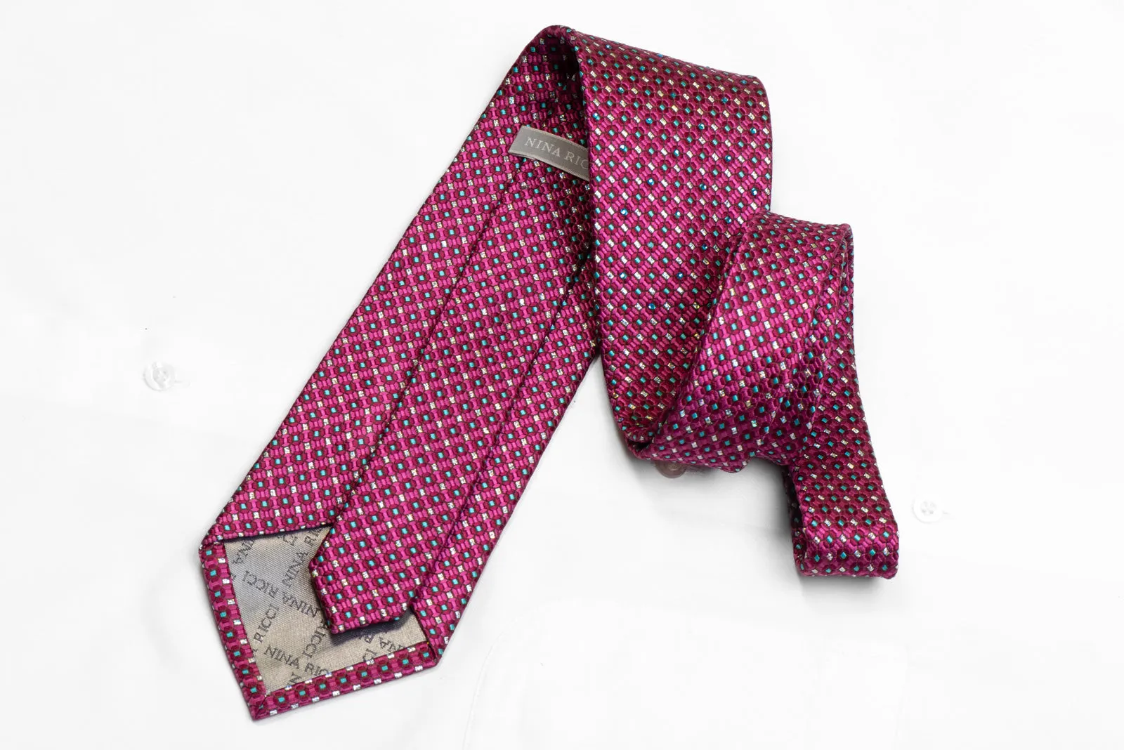 Men's Silk Necktie Blue Micro Squares On Purple Geometric With Rhinestones