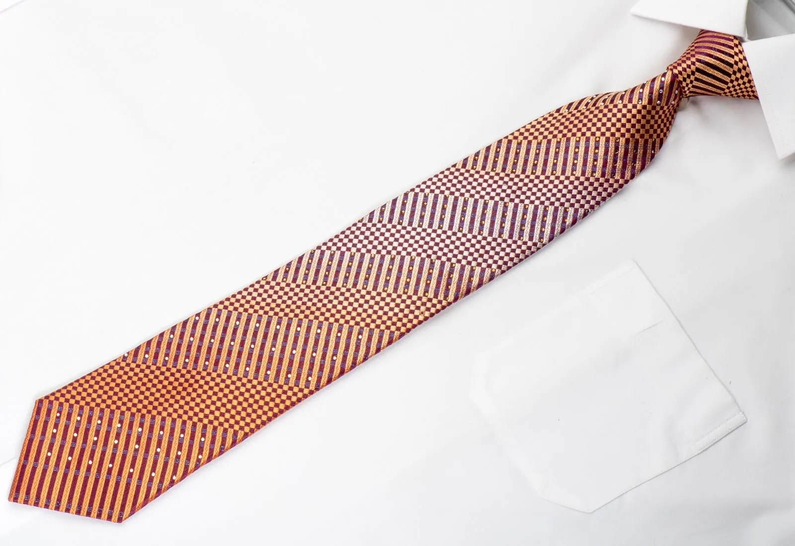 Men's Silk Rhinestone Necktie Orange Checker Striped On Purple