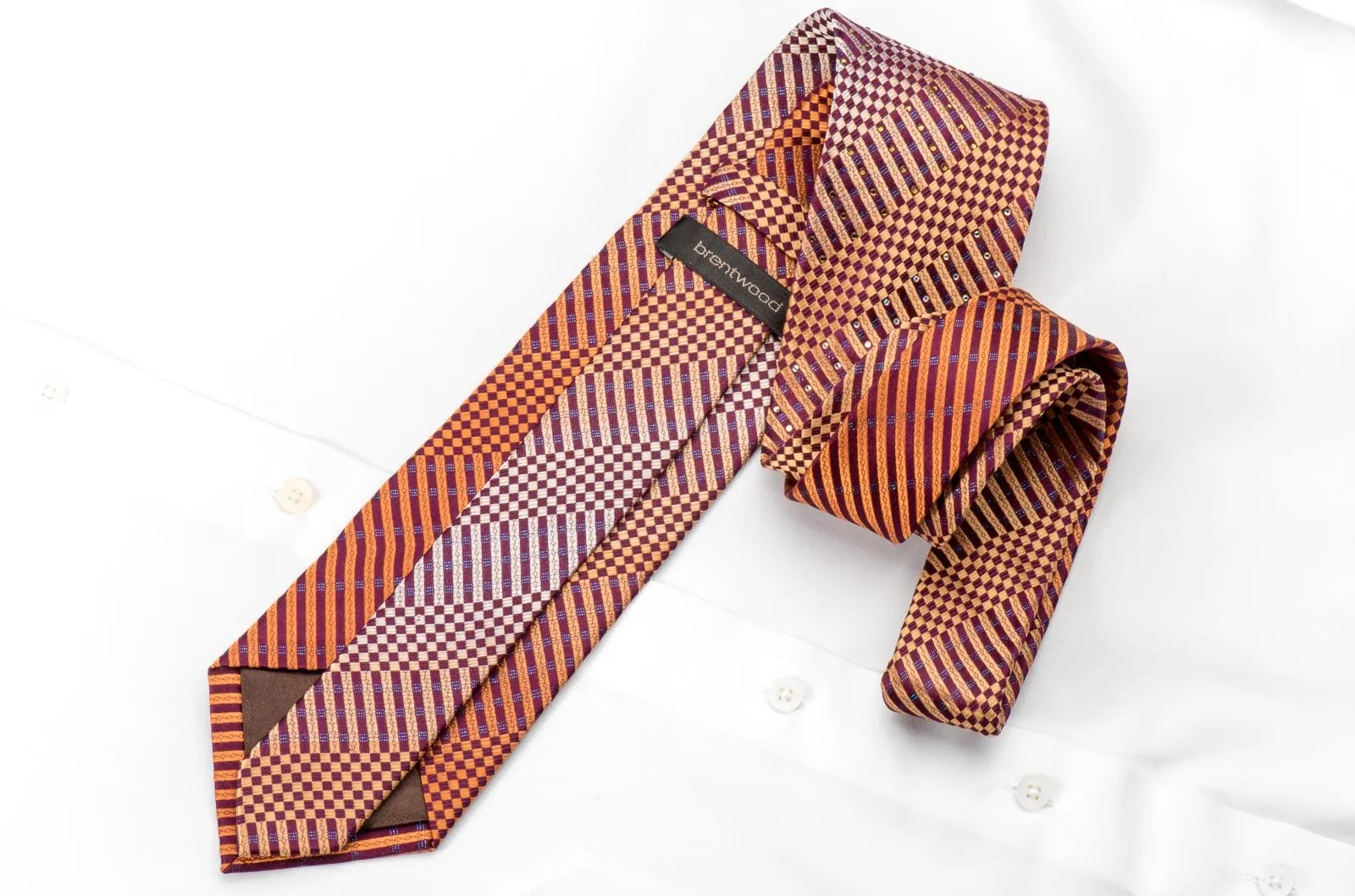 Men's Silk Rhinestone Necktie Orange Checker Striped On Purple