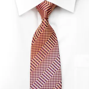 Men's Silk Rhinestone Necktie Orange Checker Striped On Purple