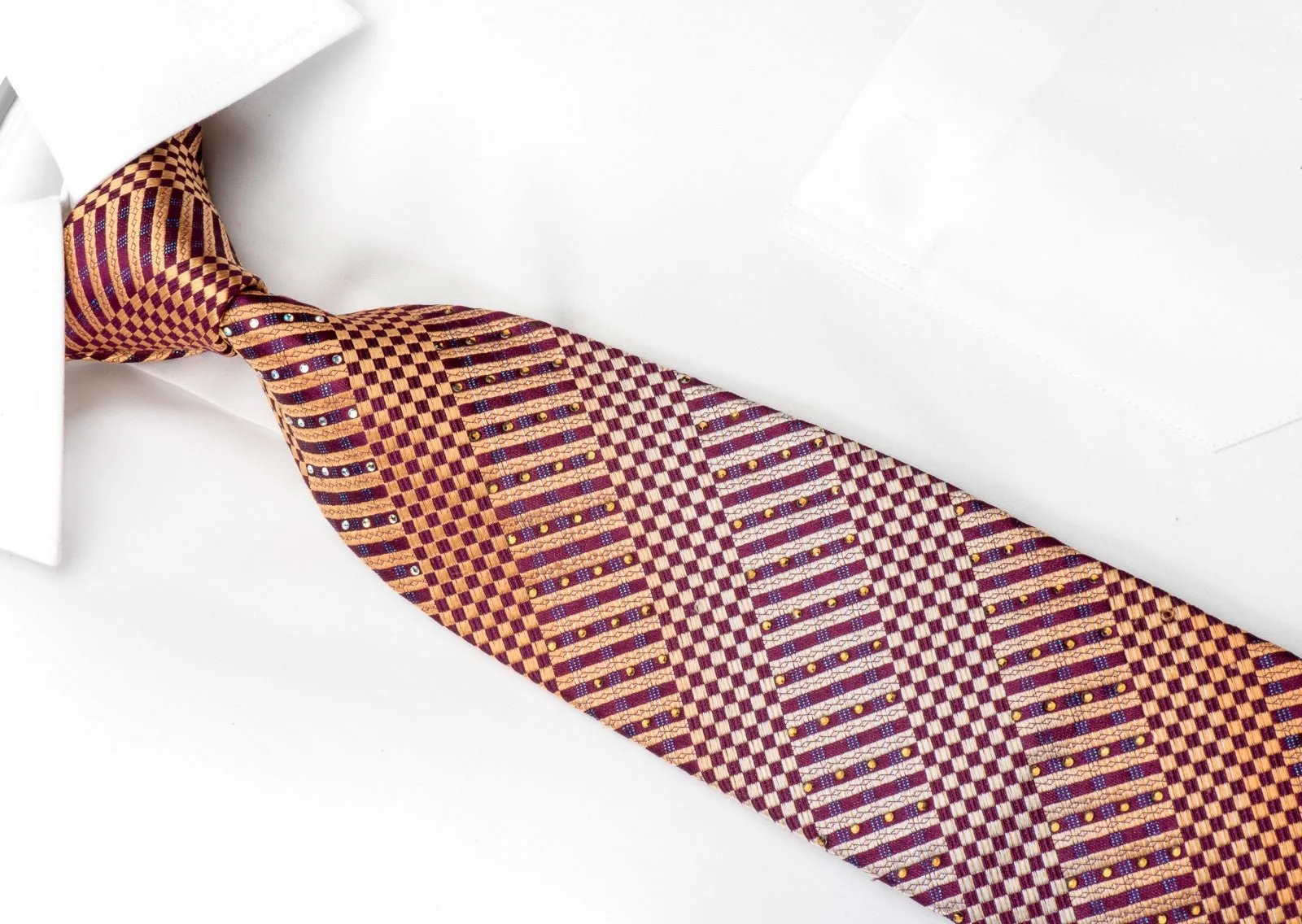 Men's Silk Rhinestone Necktie Orange Checker Striped On Purple