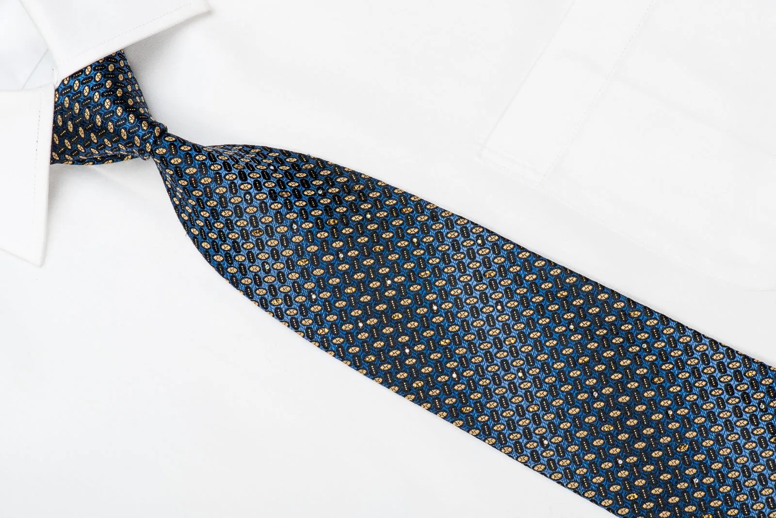 Metro City Men's Crystal Silk Tie Yellow Geometric On Blue With Silver Sparkles