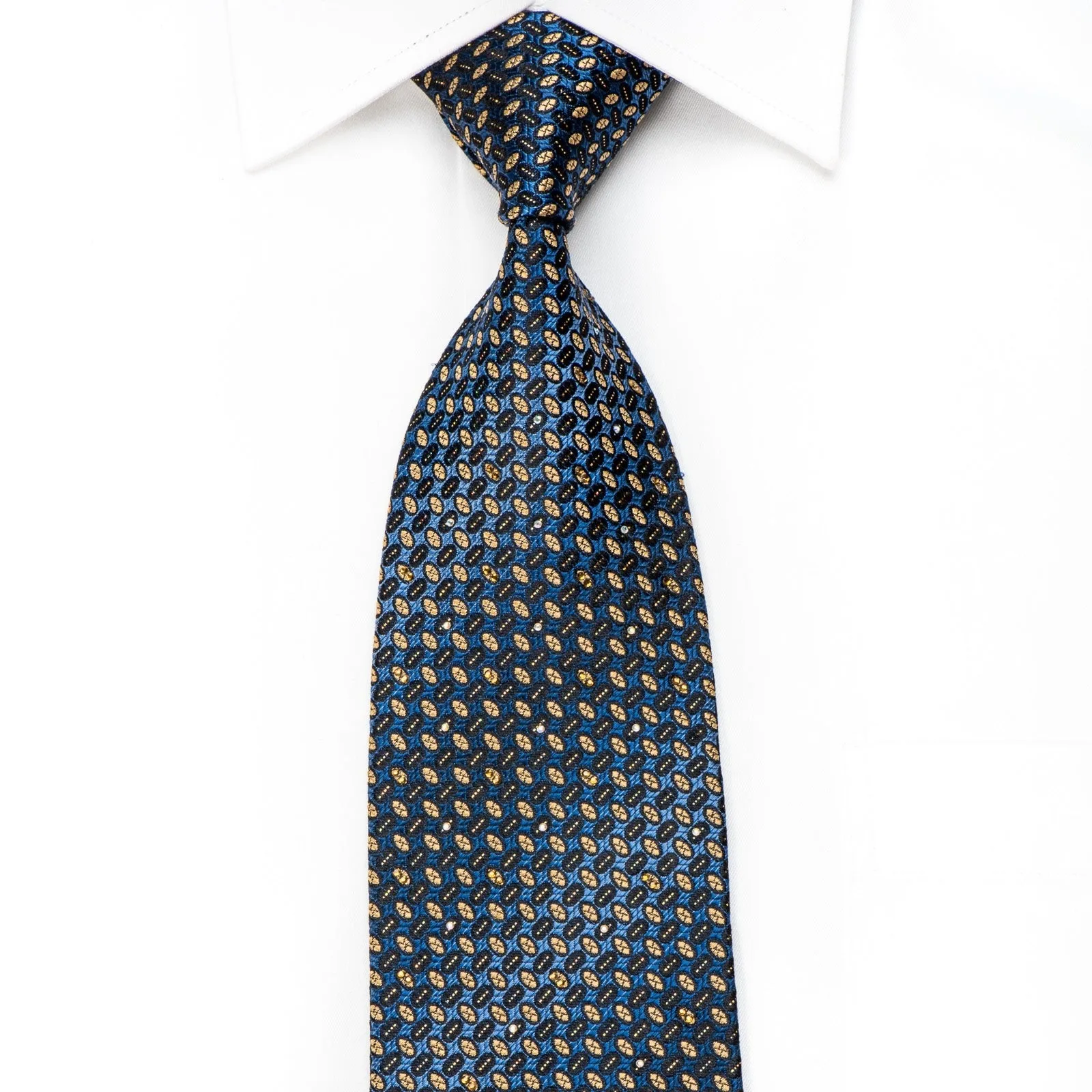 Metro City Men's Crystal Silk Tie Yellow Geometric On Blue With Silver Sparkles