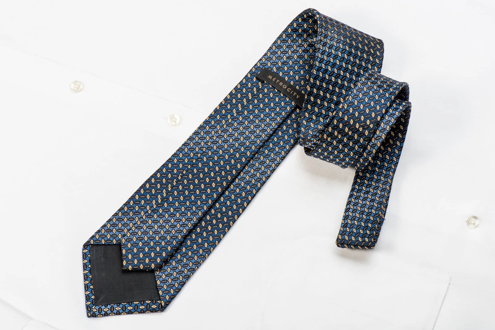 Metro City Men's Crystal Silk Tie Yellow Geometric On Blue With Silver Sparkles