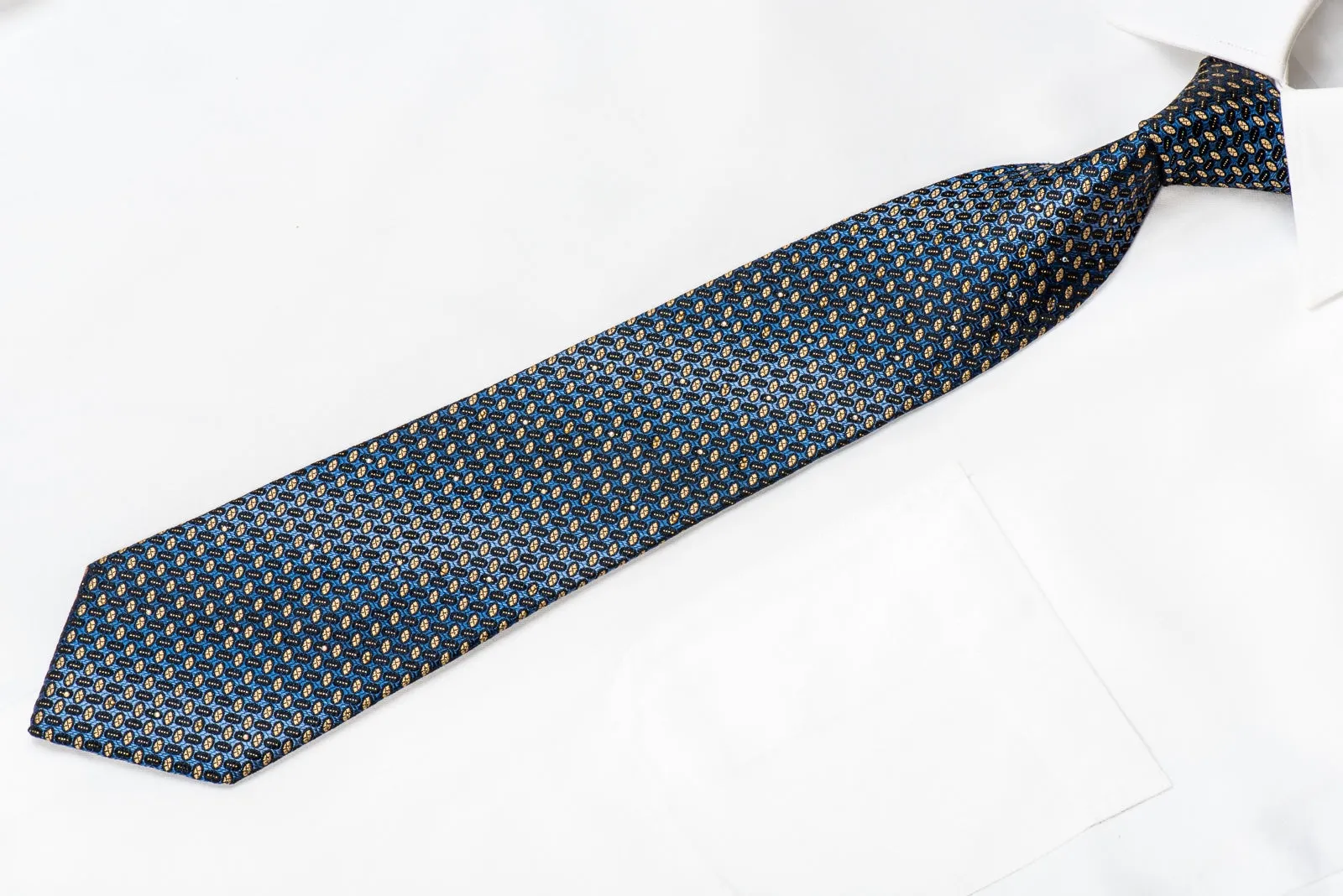 Metro City Men's Crystal Silk Tie Yellow Geometric On Blue With Silver Sparkles