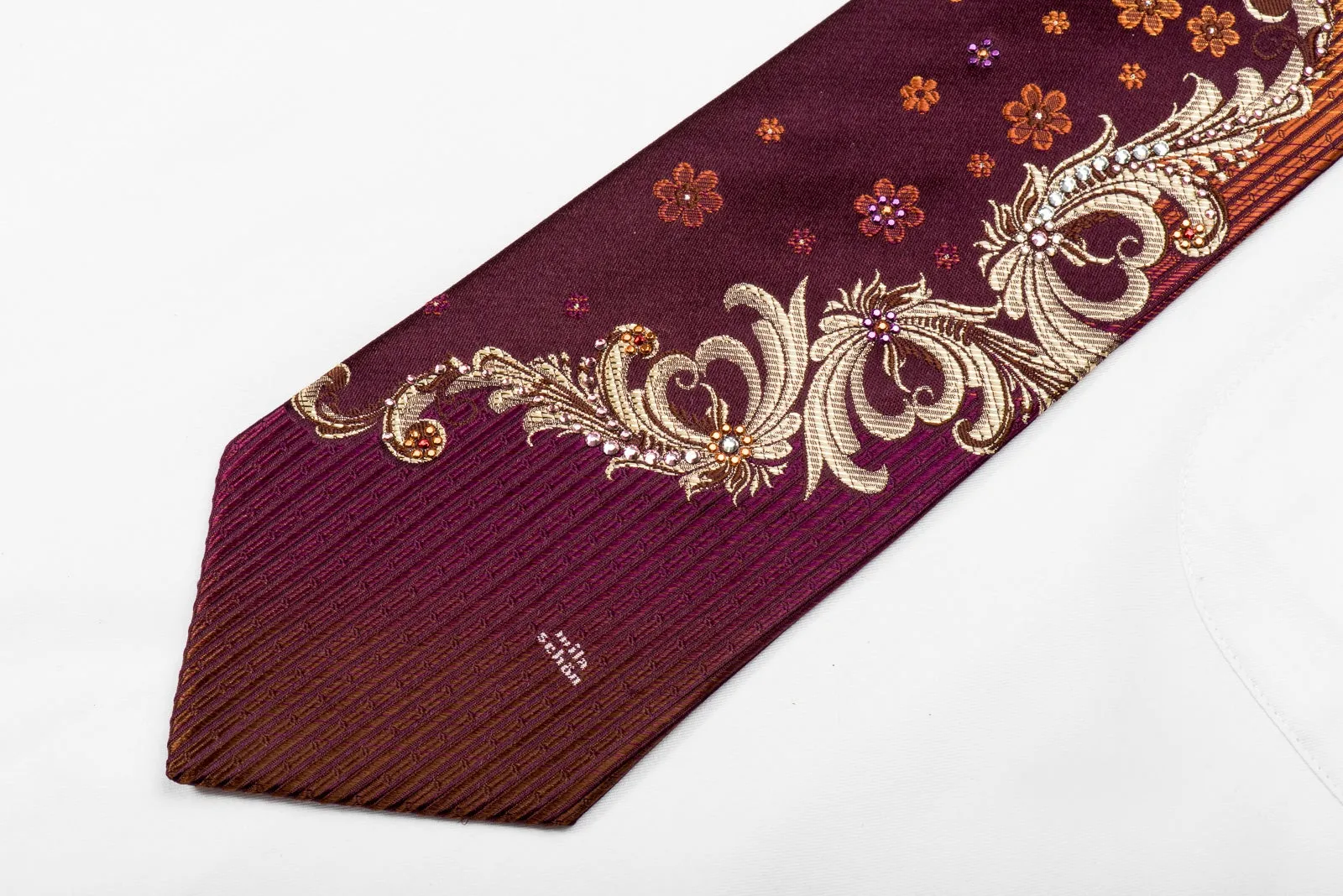 Mila Schon Men's Crystal Silk Necktie Gold Acanthus Scrolls Floral On Burgundy With Sparkles