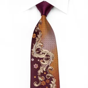 Mila Schon Men's Crystal Silk Necktie Gold Acanthus Scrolls Floral On Burgundy With Sparkles