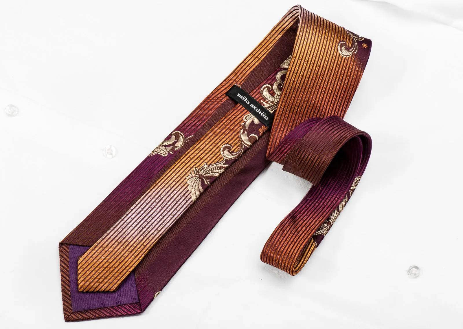 Mila Schon Men's Crystal Silk Necktie Gold Acanthus Scrolls Floral On Burgundy With Sparkles