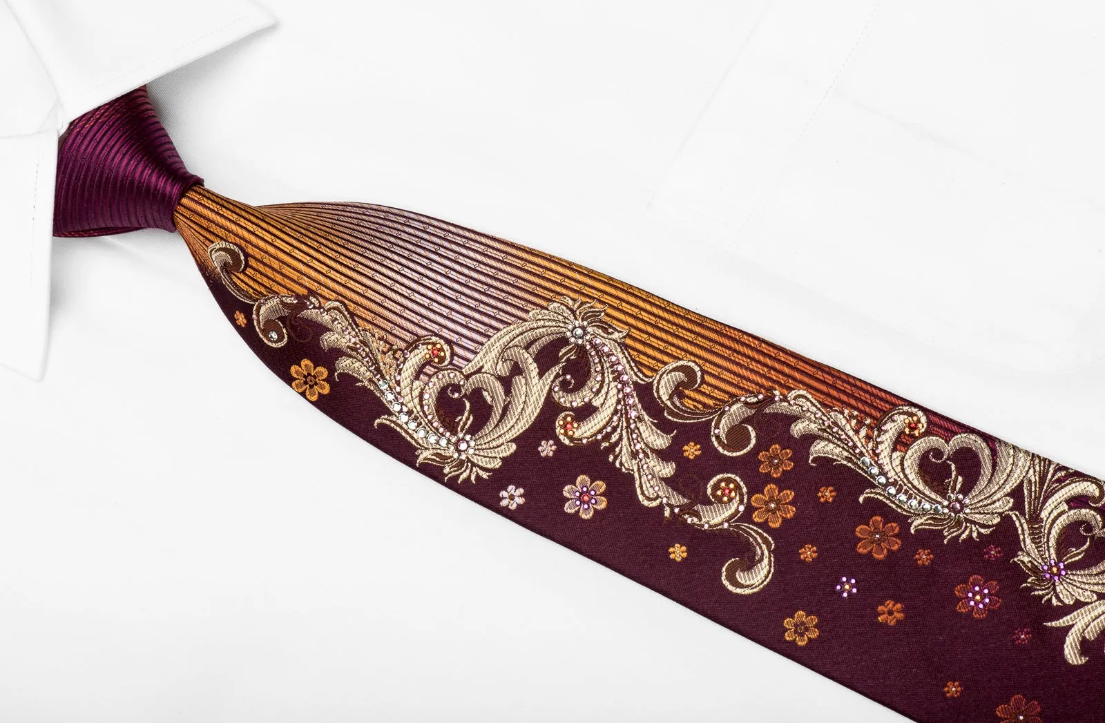 Mila Schon Men's Crystal Silk Necktie Gold Acanthus Scrolls Floral On Burgundy With Sparkles