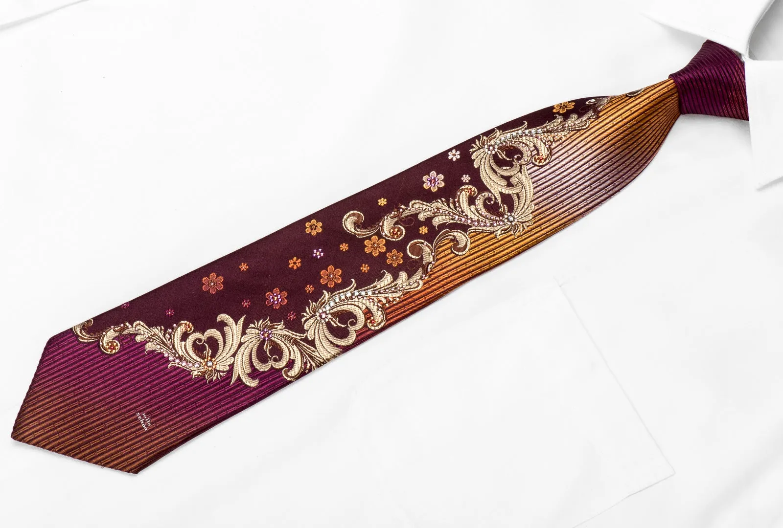 Mila Schon Men's Crystal Silk Necktie Gold Acanthus Scrolls Floral On Burgundy With Sparkles