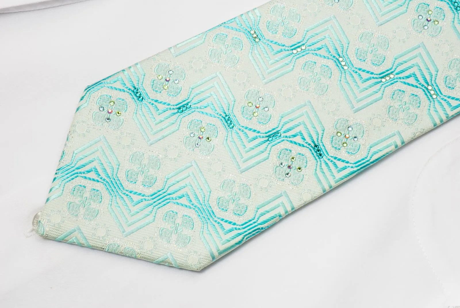 Mila Schon Men's Silk Crystal Rhinestone Necktie Blue Retro Design On White With Sparkles