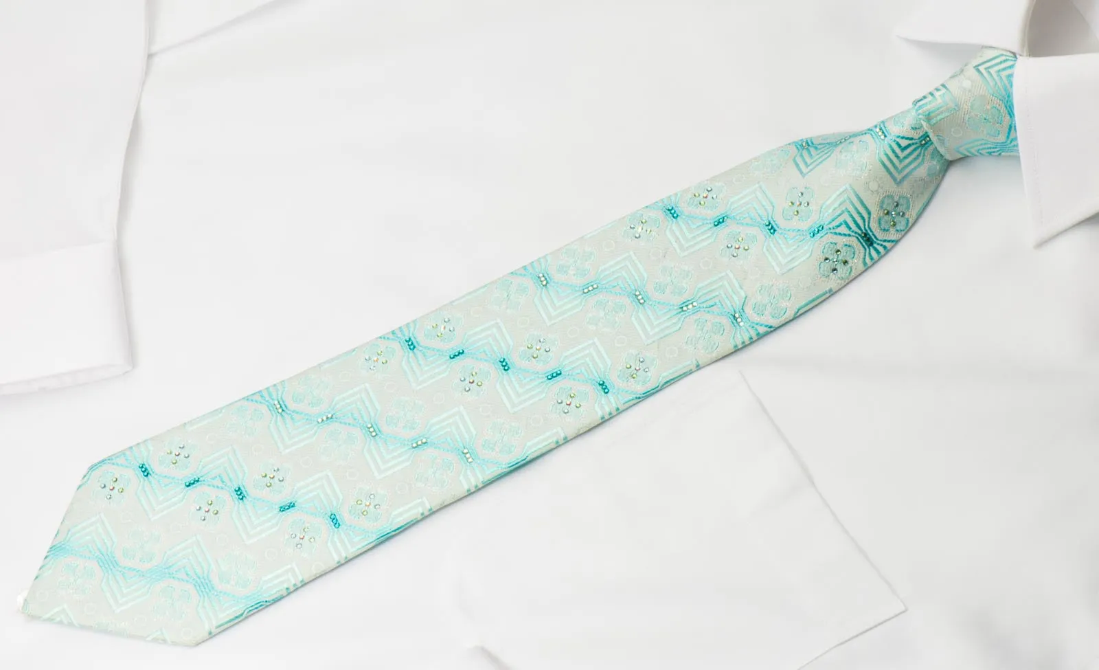 Mila Schon Men's Silk Crystal Rhinestone Necktie Blue Retro Design On White With Sparkles