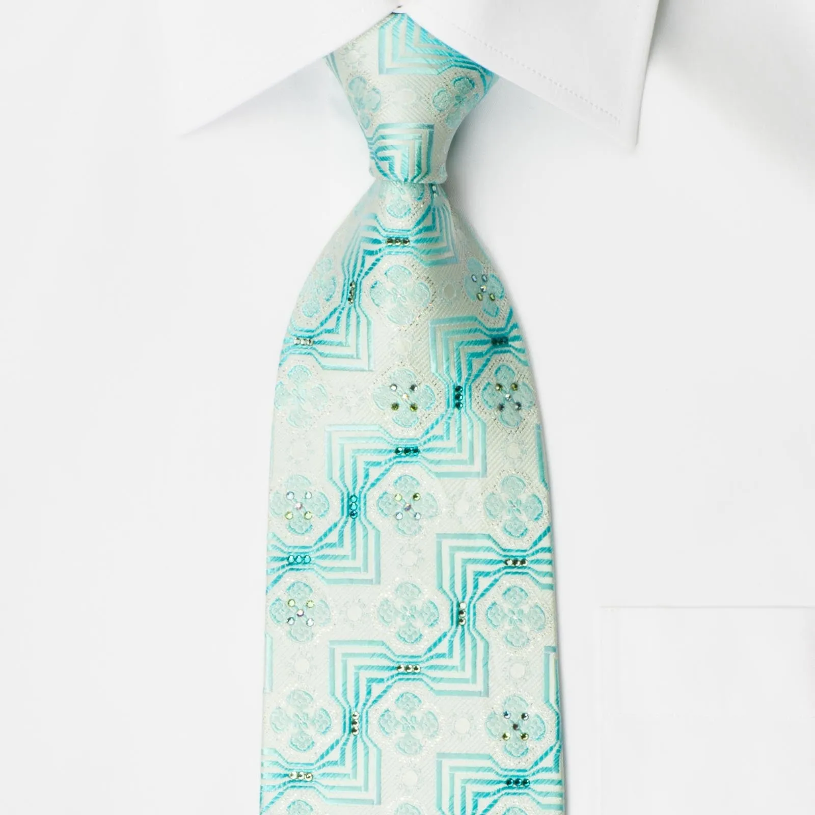 Mila Schon Men's Silk Crystal Rhinestone Necktie Blue Retro Design On White With Sparkles