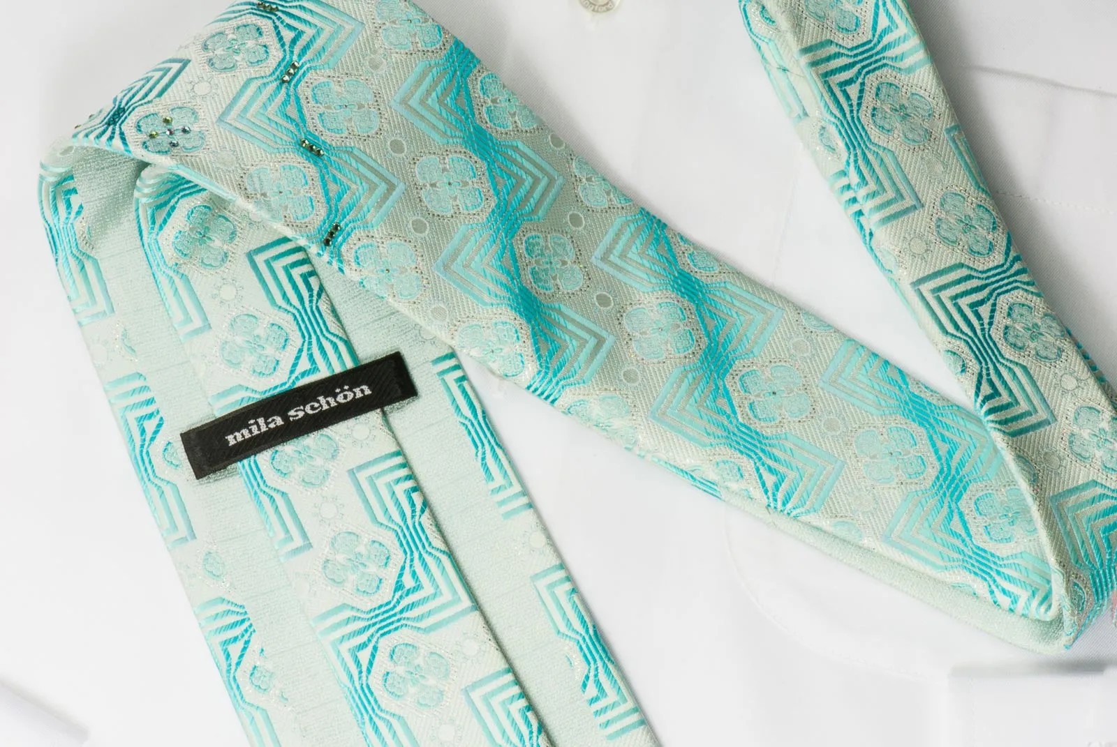 Mila Schon Men's Silk Crystal Rhinestone Necktie Blue Retro Design On White With Sparkles