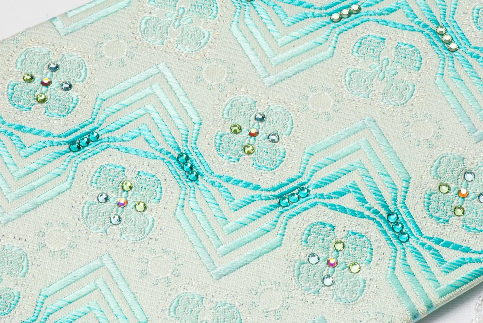 Mila Schon Men's Silk Crystal Rhinestone Necktie Blue Retro Design On White With Sparkles