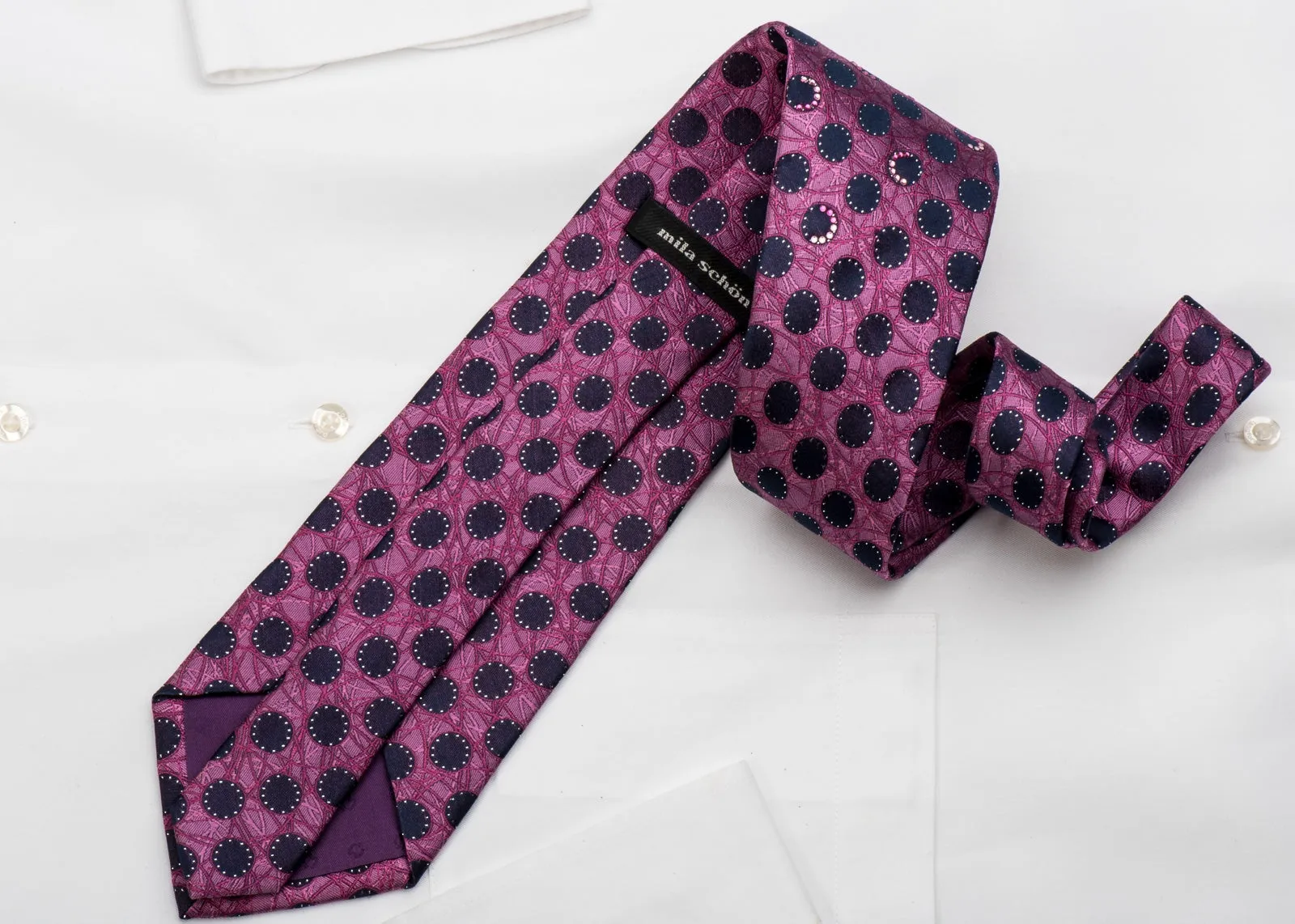 Mila Schon Rhinestone Necktie Dots On Purple With Silver Sparkles