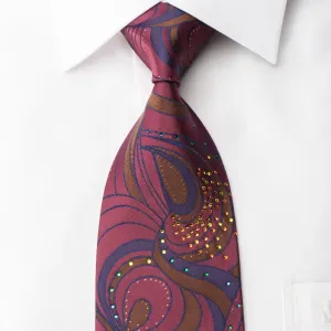 Mila Schon Rhinestone Silk Necktie Abstract Paisley On Purple With Golden Sparkles