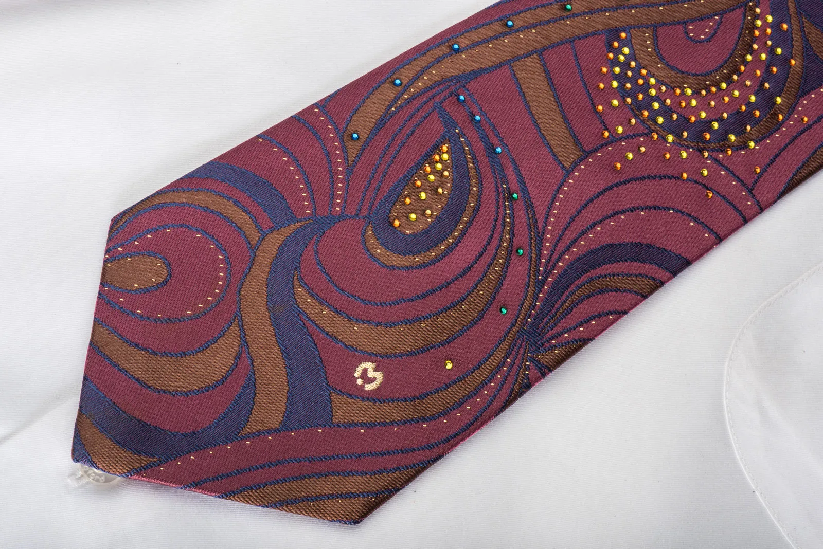 Mila Schon Rhinestone Silk Necktie Abstract Paisley On Purple With Golden Sparkles
