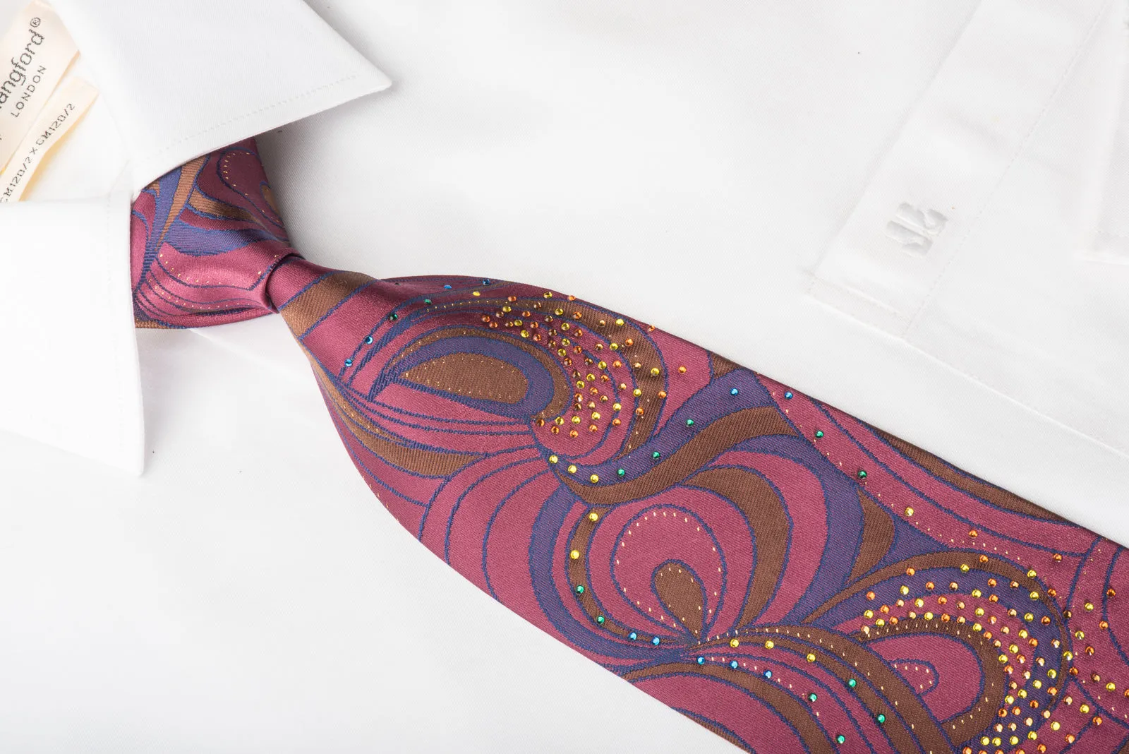 Mila Schon Rhinestone Silk Necktie Abstract Paisley On Purple With Golden Sparkles
