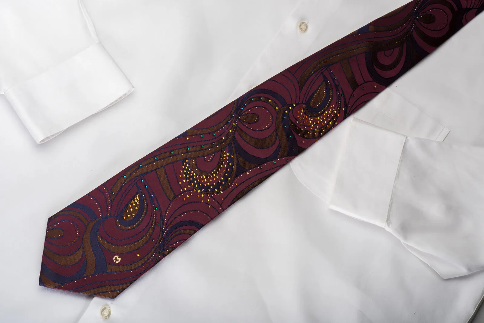 Mila Schon Rhinestone Silk Necktie Abstract Paisley On Purple With Golden Sparkles