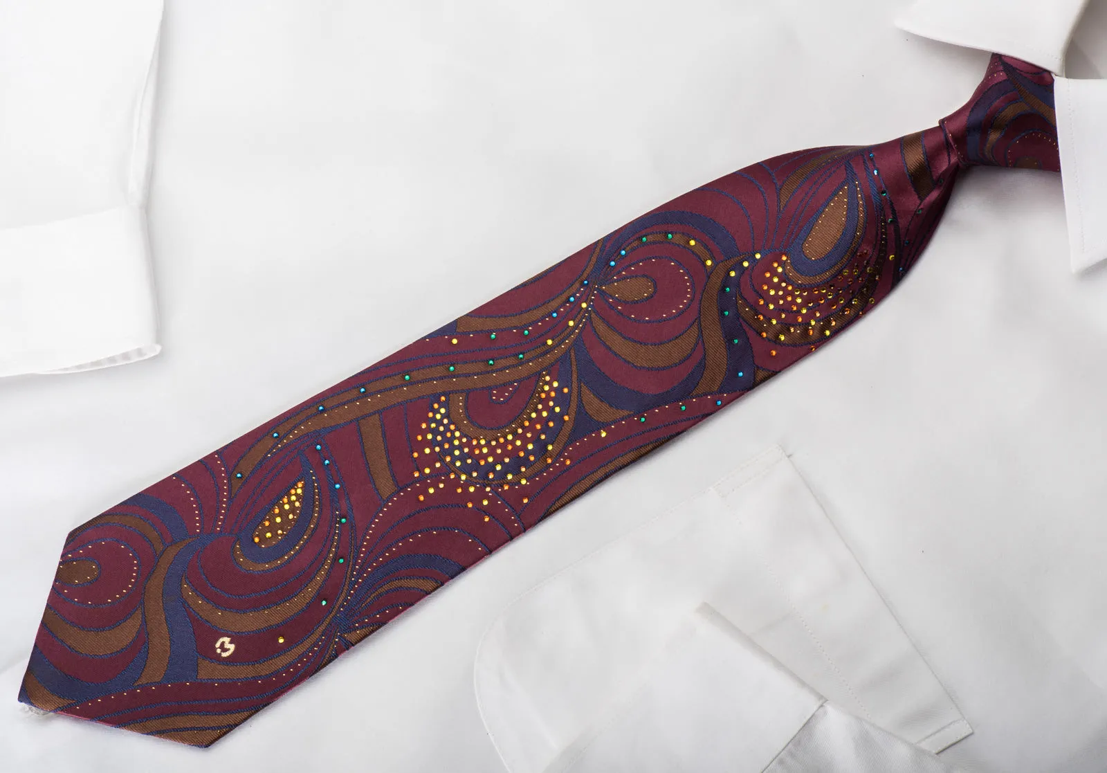 Mila Schon Rhinestone Silk Necktie Abstract Paisley On Purple With Golden Sparkles