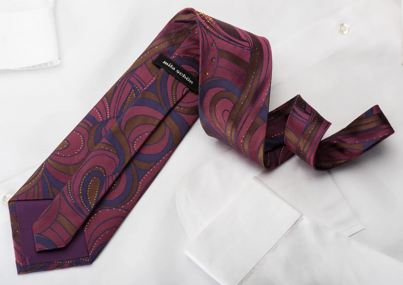 Mila Schon Rhinestone Silk Necktie Abstract Paisley On Purple With Golden Sparkles