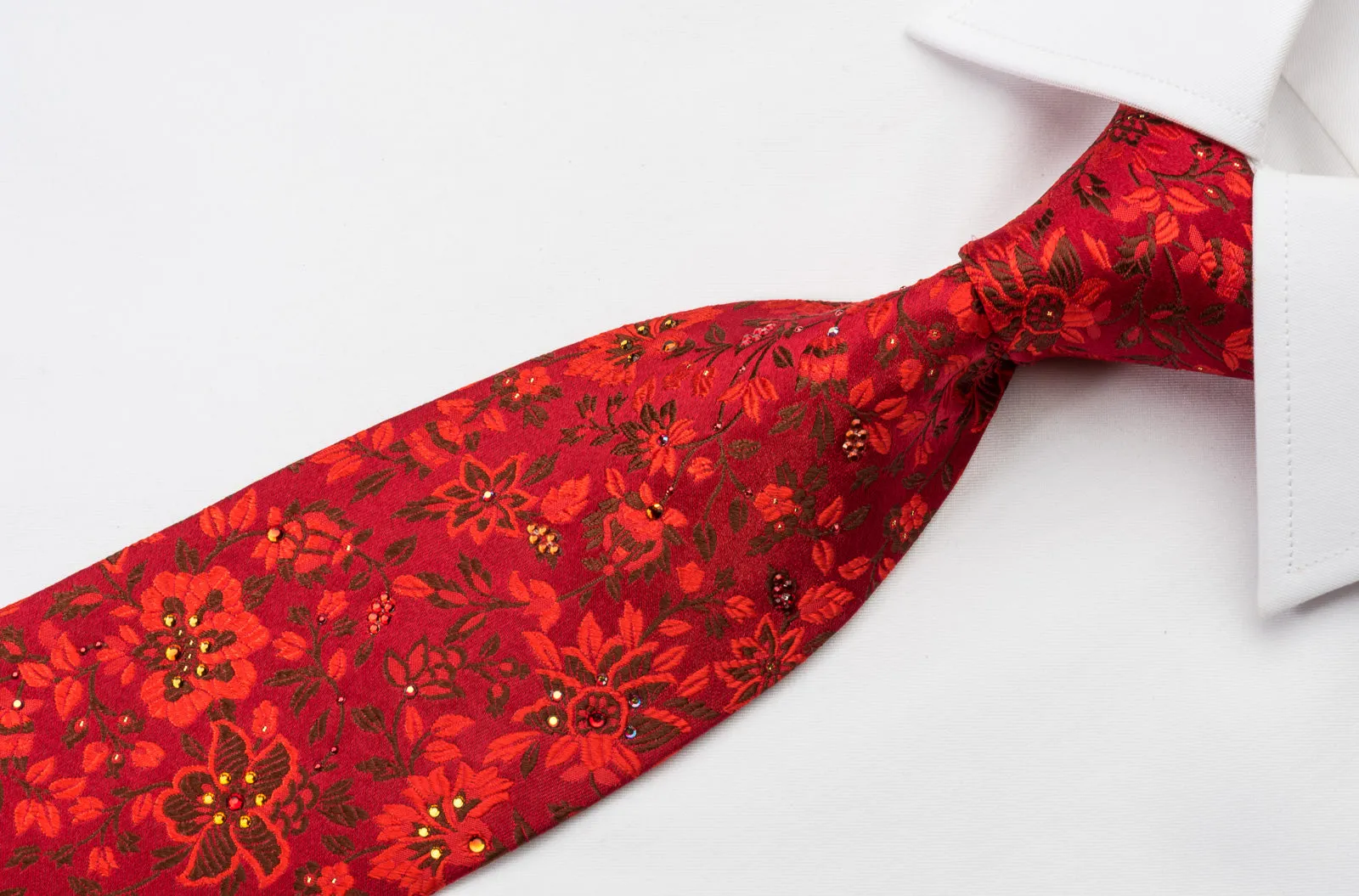 Mila Schon Silk Rhinestone Tie Floral On Red With Silver Sparkles