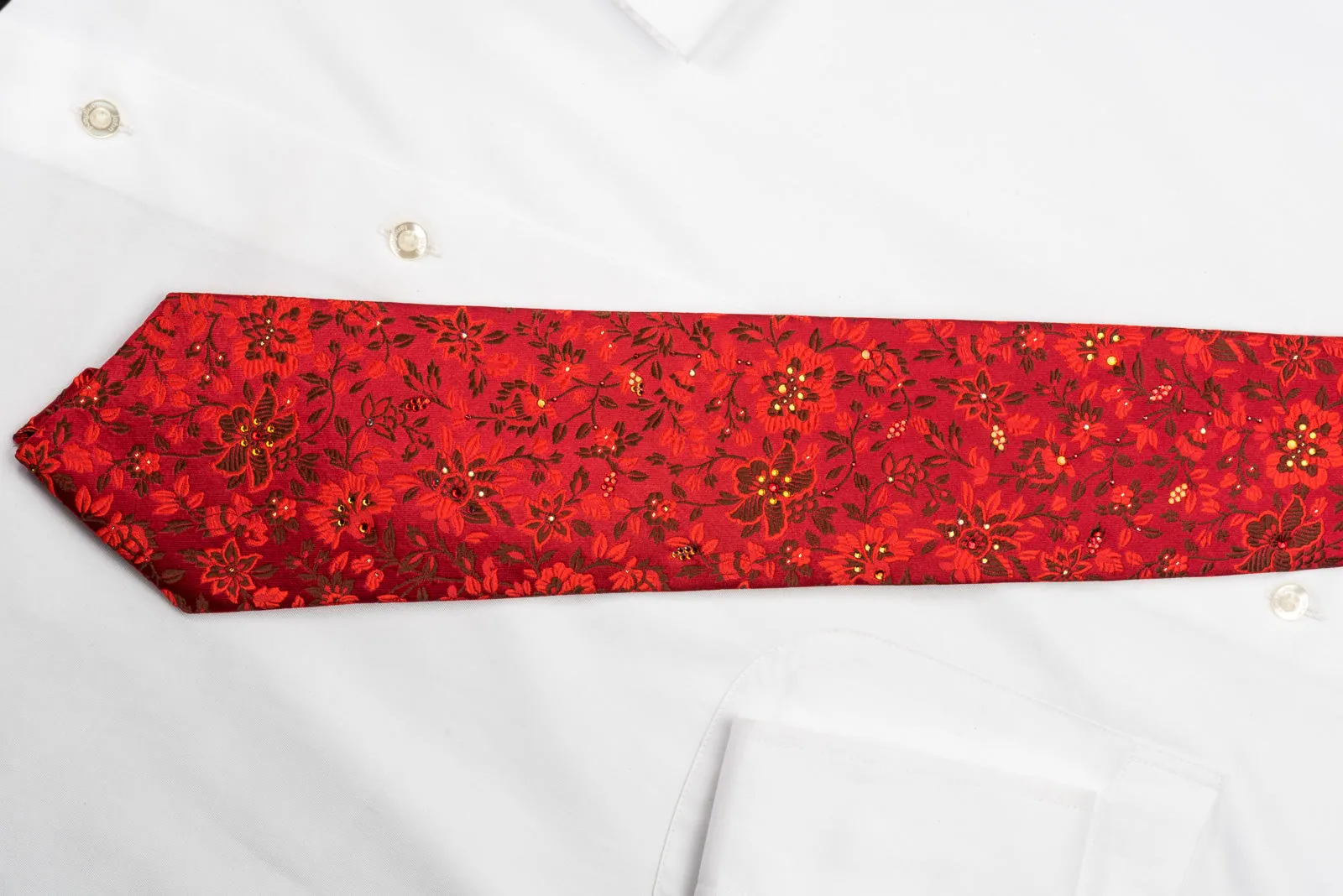 Mila Schon Silk Rhinestone Tie Floral On Red With Silver Sparkles