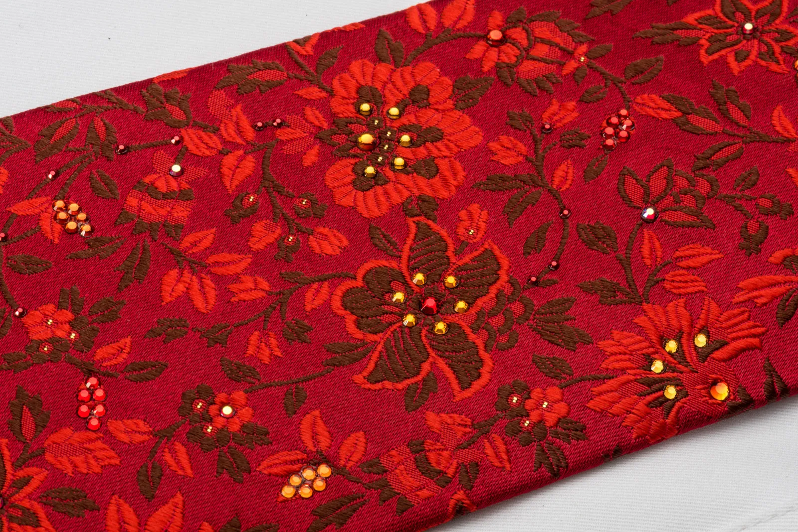 Mila Schon Silk Rhinestone Tie Floral On Red With Silver Sparkles
