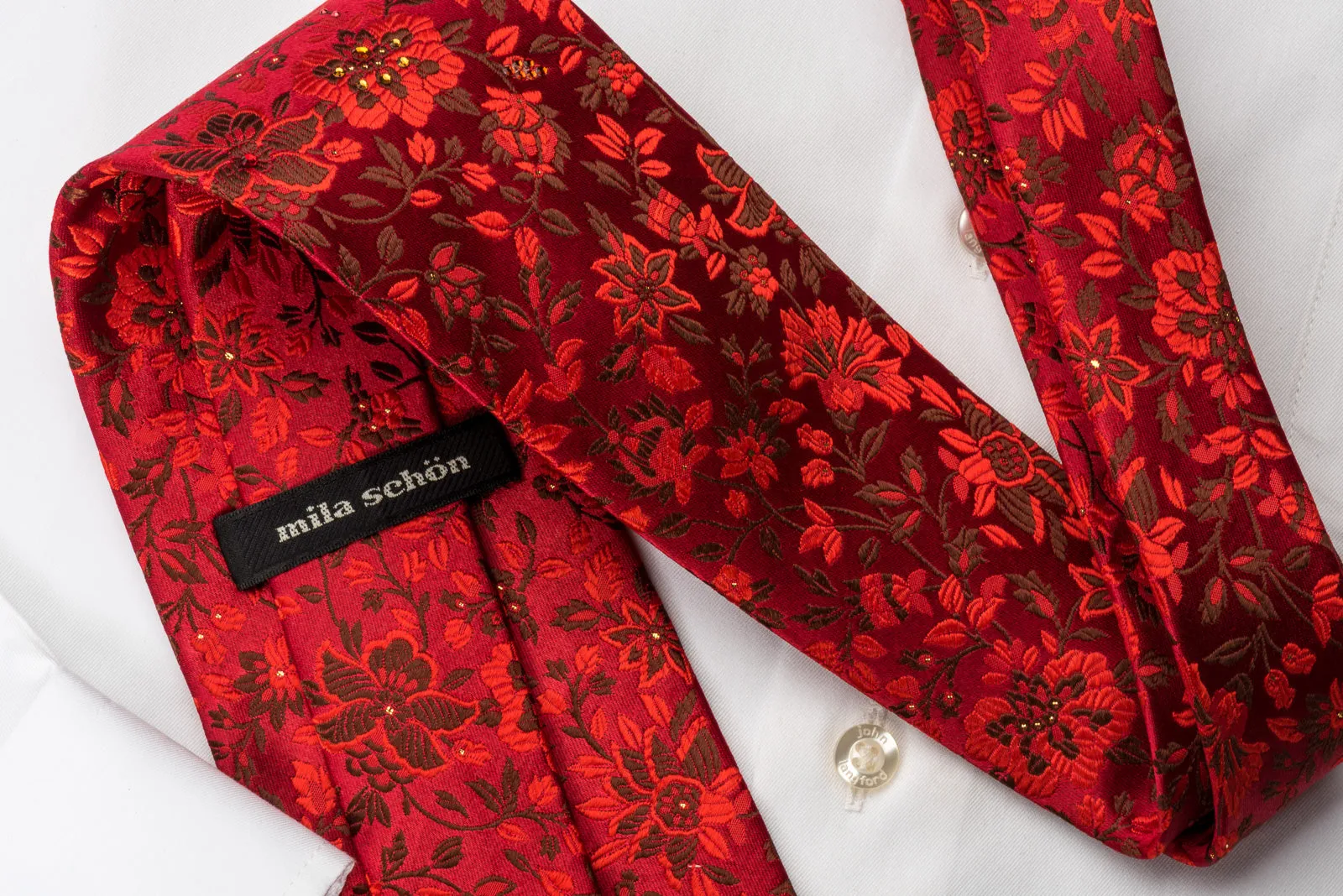 Mila Schon Silk Rhinestone Tie Floral On Red With Silver Sparkles