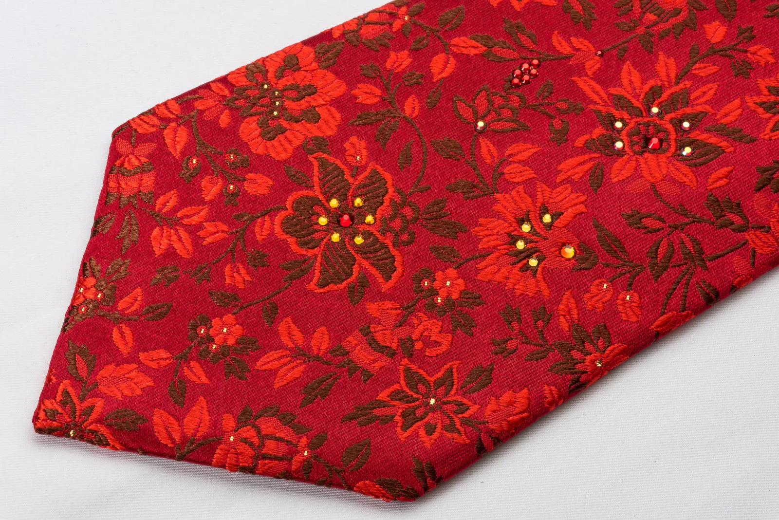 Mila Schon Silk Rhinestone Tie Floral On Red With Silver Sparkles