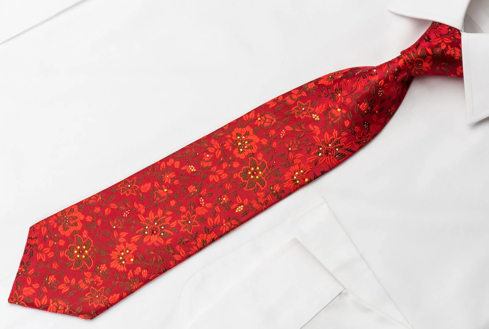 Mila Schon Silk Rhinestone Tie Floral On Red With Silver Sparkles