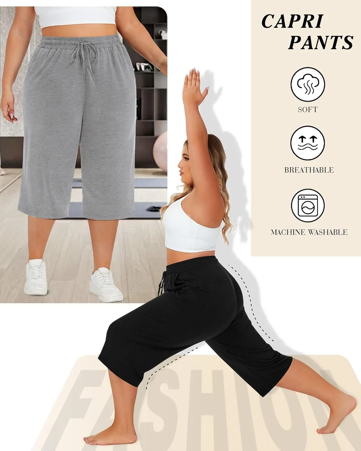 Neer 3 Pack Women's Plus Size Cotton Capris, Stretchy Wide Leg Cropped Pants with Pockets Fit Loose Lounge Pajama Sweatpants