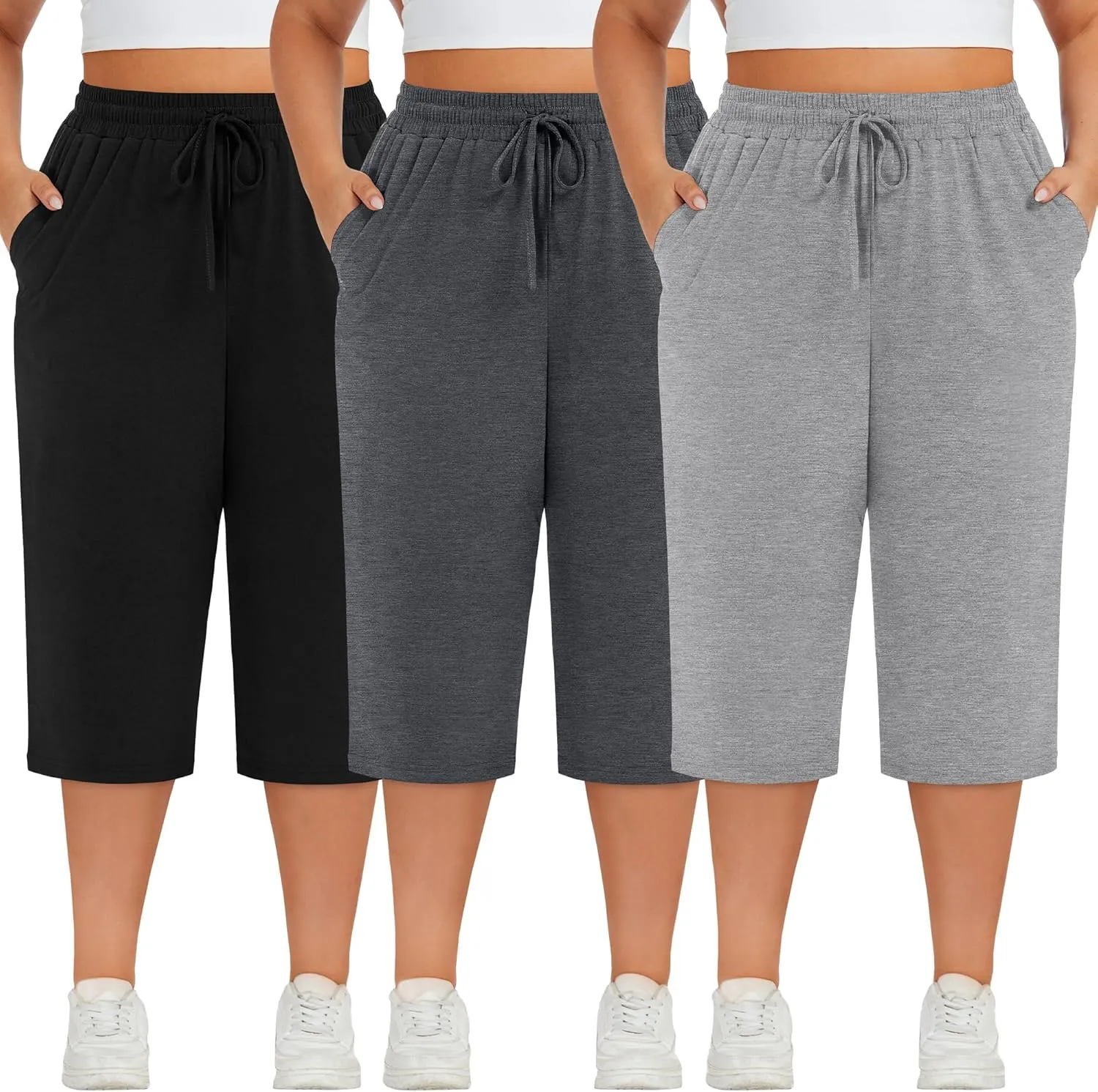 Neer 3 Pack Women's Plus Size Cotton Capris, Stretchy Wide Leg Cropped Pants with Pockets Fit Loose Lounge Pajama Sweatpants