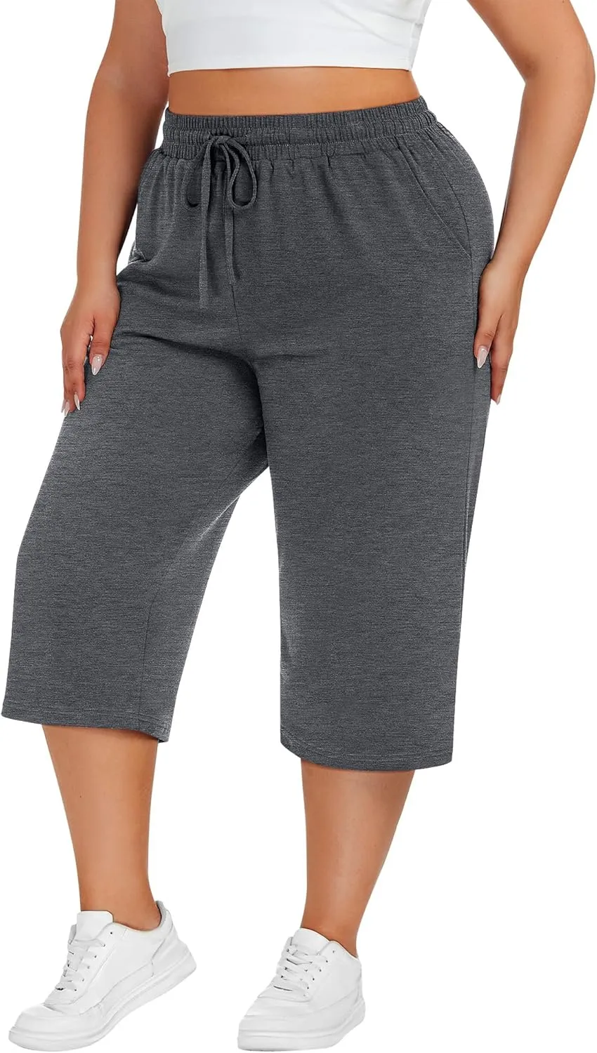Neer 3 Pack Women's Plus Size Cotton Capris, Stretchy Wide Leg Cropped Pants with Pockets Fit Loose Lounge Pajama Sweatpants