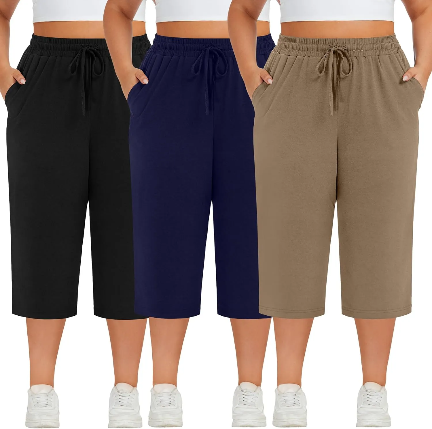 Neer 3 Pack Women's Plus Size Cotton Capris, Stretchy Wide Leg Cropped Pants with Pockets Fit Loose Lounge Pajama Sweatpants