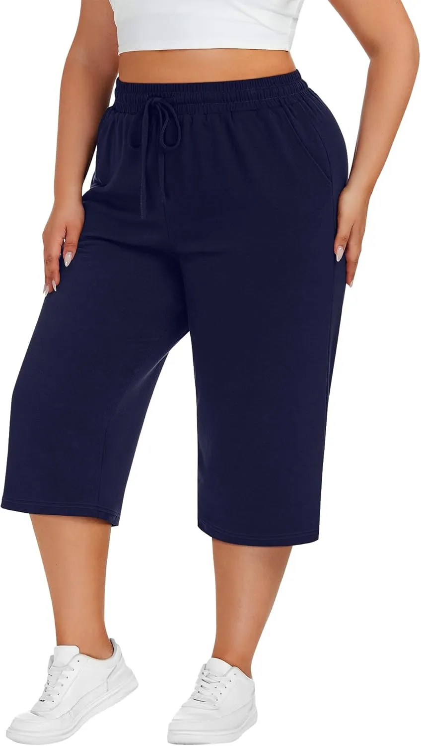 Neer 3 Pack Women's Plus Size Cotton Capris, Stretchy Wide Leg Cropped Pants with Pockets Fit Loose Lounge Pajama Sweatpants