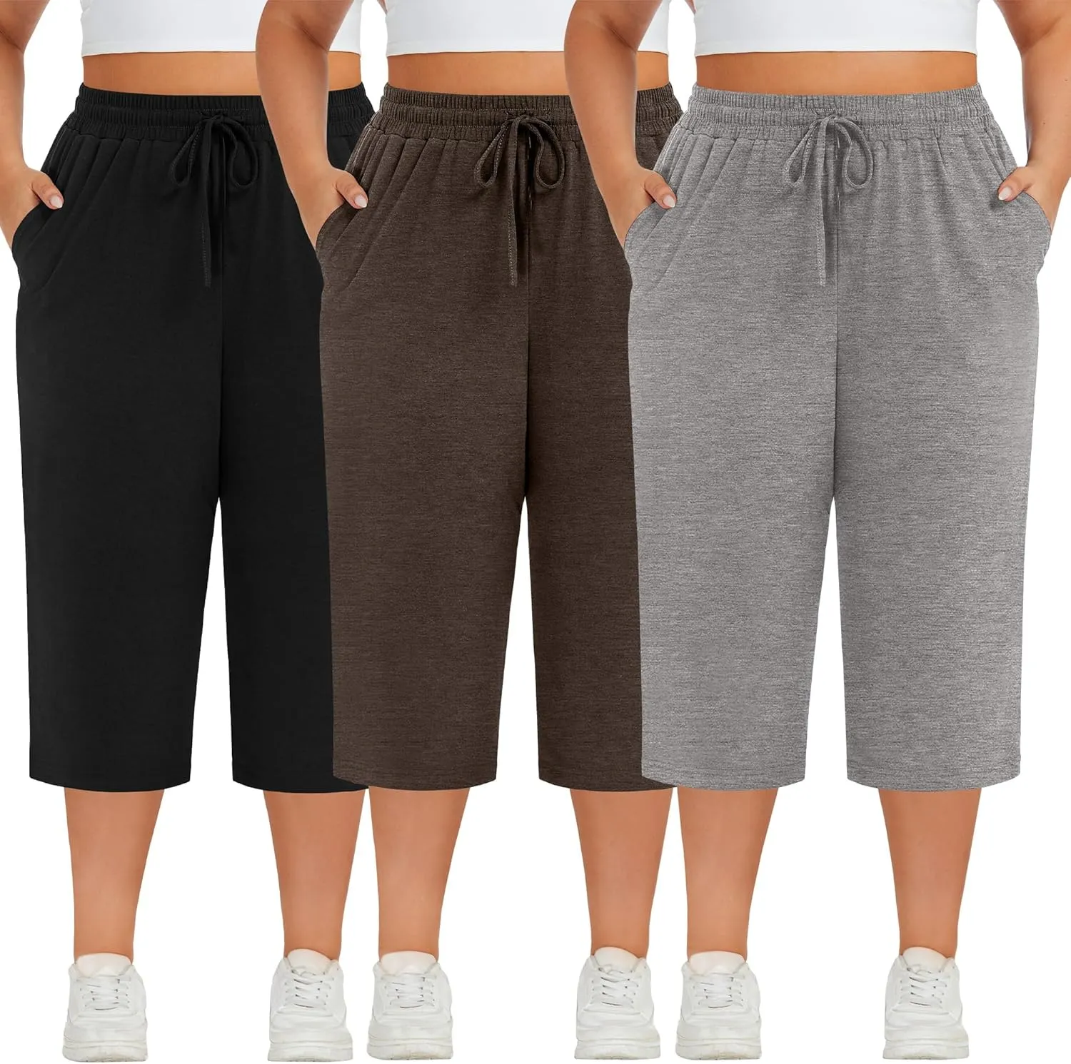 Neer 3 Pack Women's Plus Size Cotton Capris, Stretchy Wide Leg Cropped Pants with Pockets Fit Loose Lounge Pajama Sweatpants