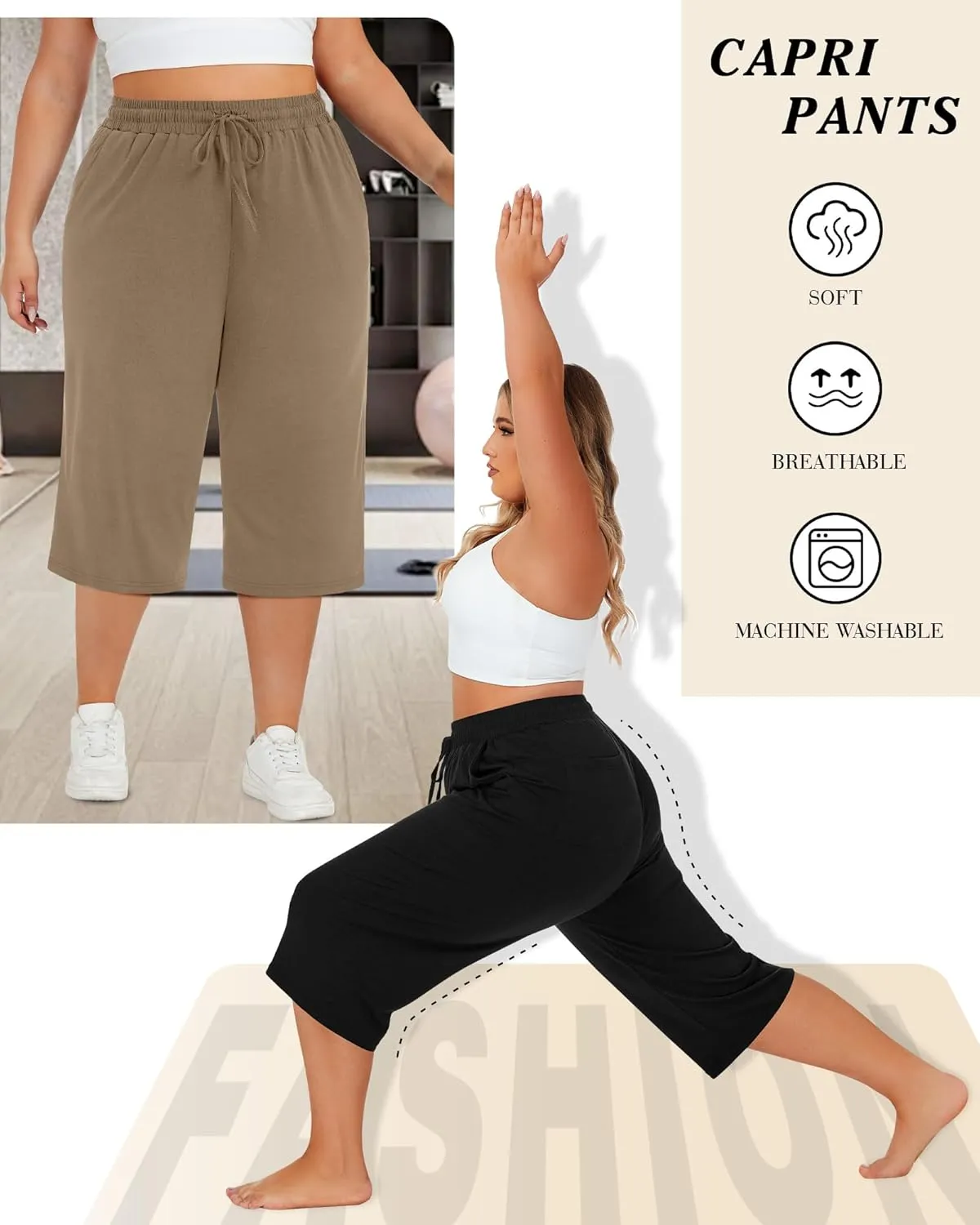 Neer 3 Pack Women's Plus Size Cotton Capris, Stretchy Wide Leg Cropped Pants with Pockets Fit Loose Lounge Pajama Sweatpants