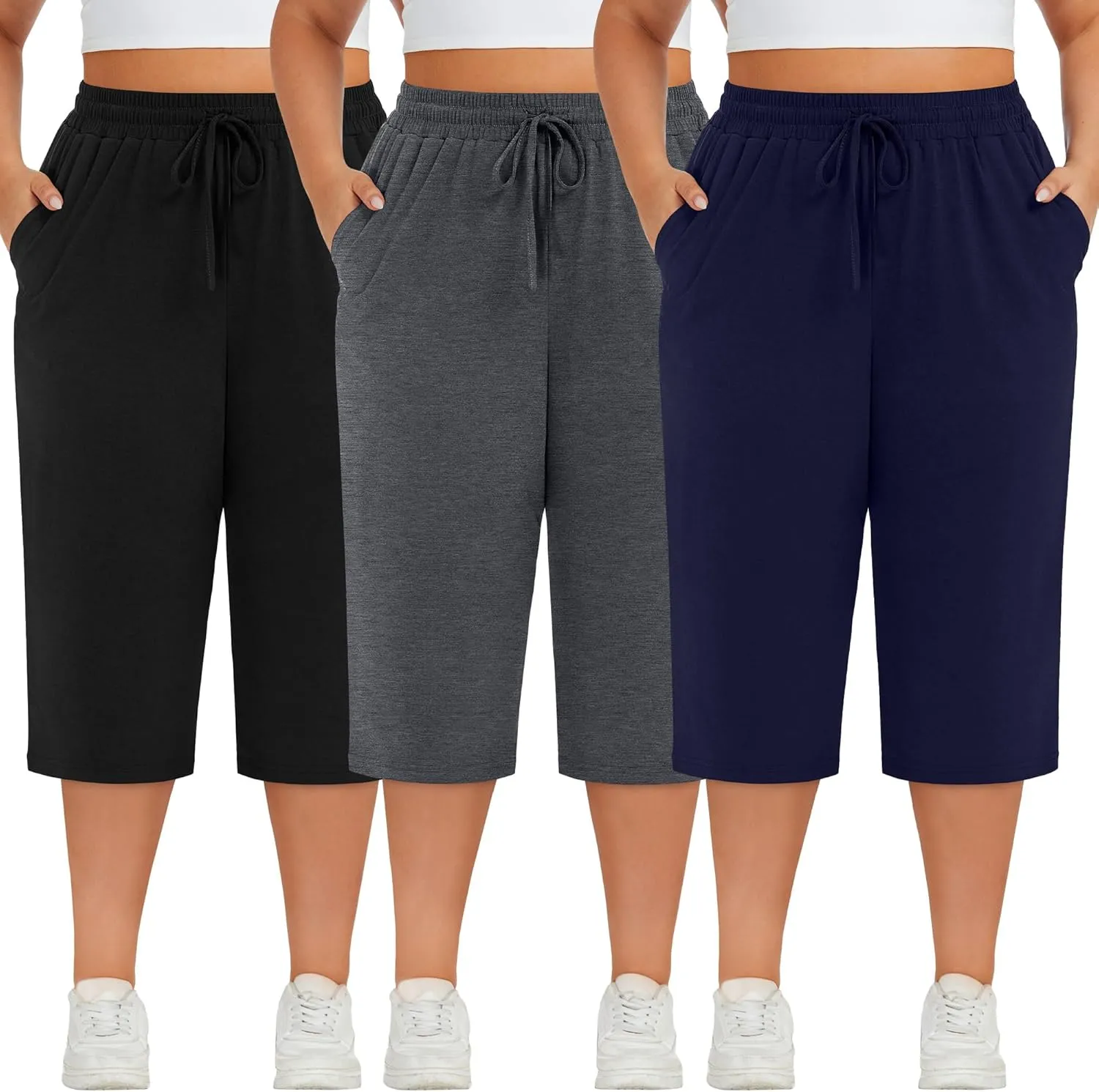 Neer 3 Pack Women's Plus Size Cotton Capris, Stretchy Wide Leg Cropped Pants with Pockets Fit Loose Lounge Pajama Sweatpants