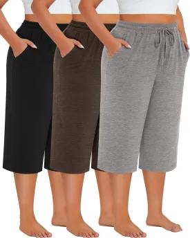 Neer 3 Pack Women's Plus Size Cotton Capris, Stretchy Wide Leg Cropped Pants with Pockets Fit Loose Lounge Pajama Sweatpants