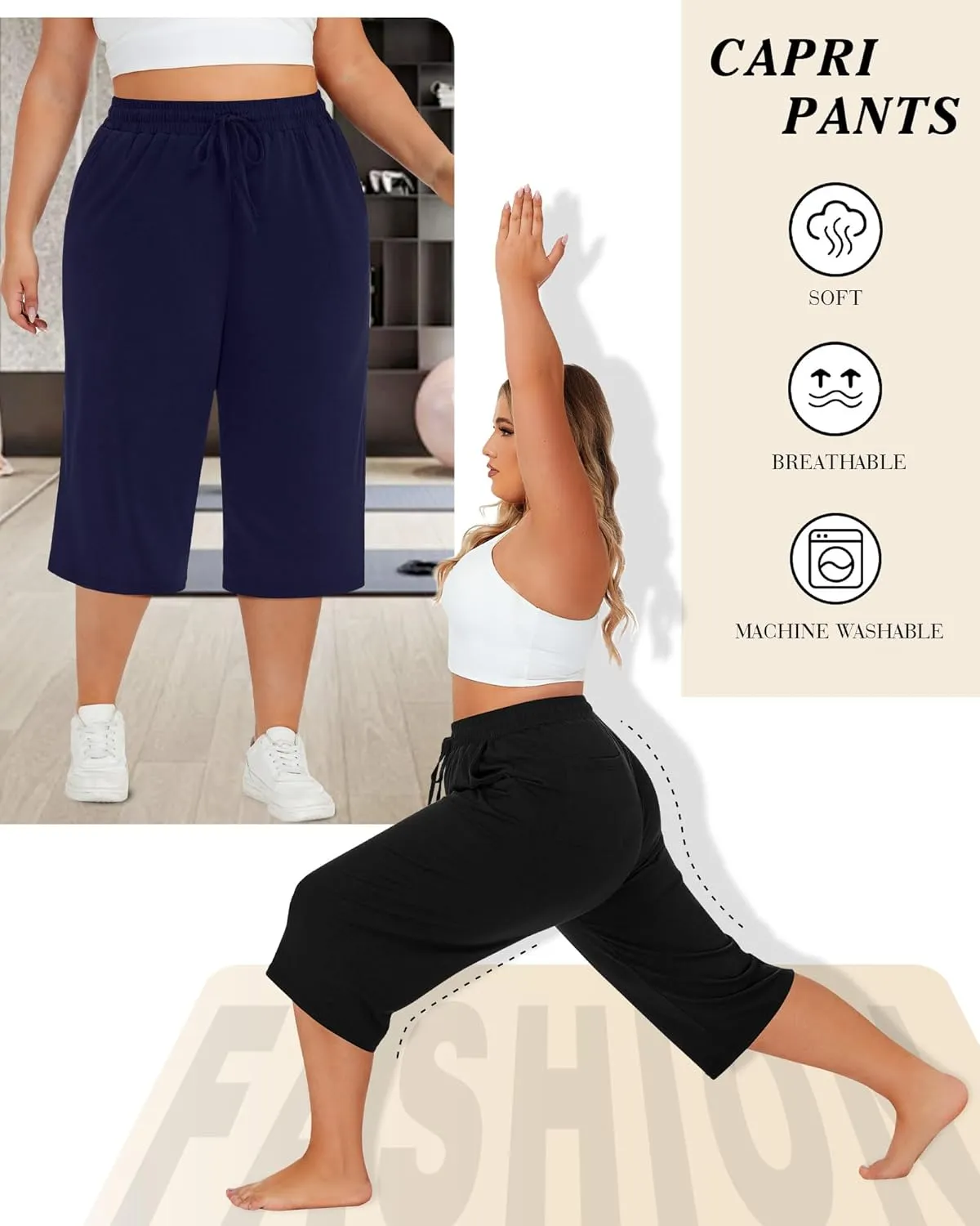 Neer 3 Pack Women's Plus Size Cotton Capris, Stretchy Wide Leg Cropped Pants with Pockets Fit Loose Lounge Pajama Sweatpants