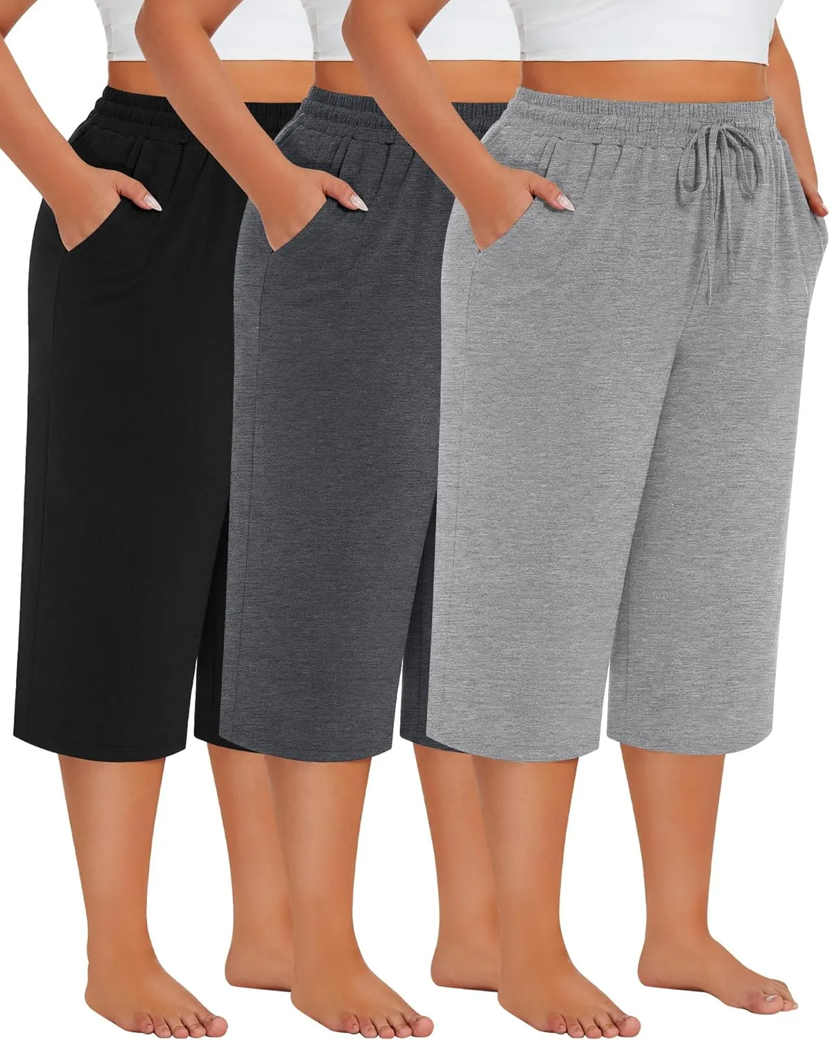 Neer 3 Pack Women's Plus Size Cotton Capris, Stretchy Wide Leg Cropped Pants with Pockets Fit Loose Lounge Pajama Sweatpants