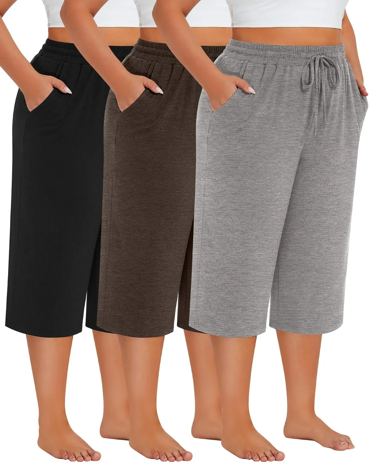 Neer 3 Pack Women's Plus Size Cotton Capris, Stretchy Wide Leg Cropped Pants with Pockets Fit Loose Lounge Pajama Sweatpants