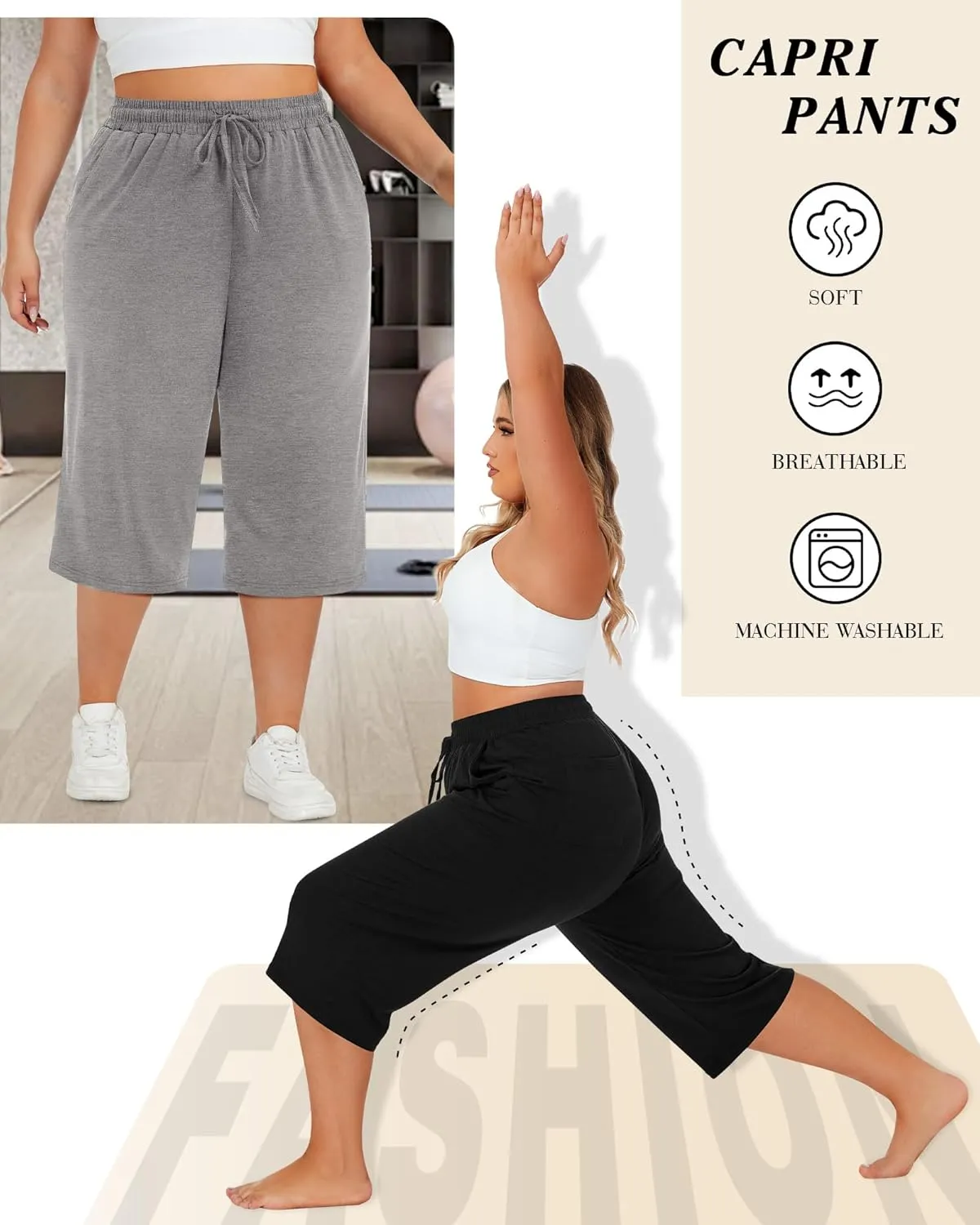 Neer 3 Pack Women's Plus Size Cotton Capris, Stretchy Wide Leg Cropped Pants with Pockets Fit Loose Lounge Pajama Sweatpants