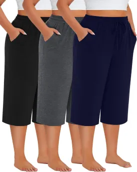 Neer 3 Pack Women's Plus Size Cotton Capris, Stretchy Wide Leg Cropped Pants with Pockets Fit Loose Lounge Pajama Sweatpants