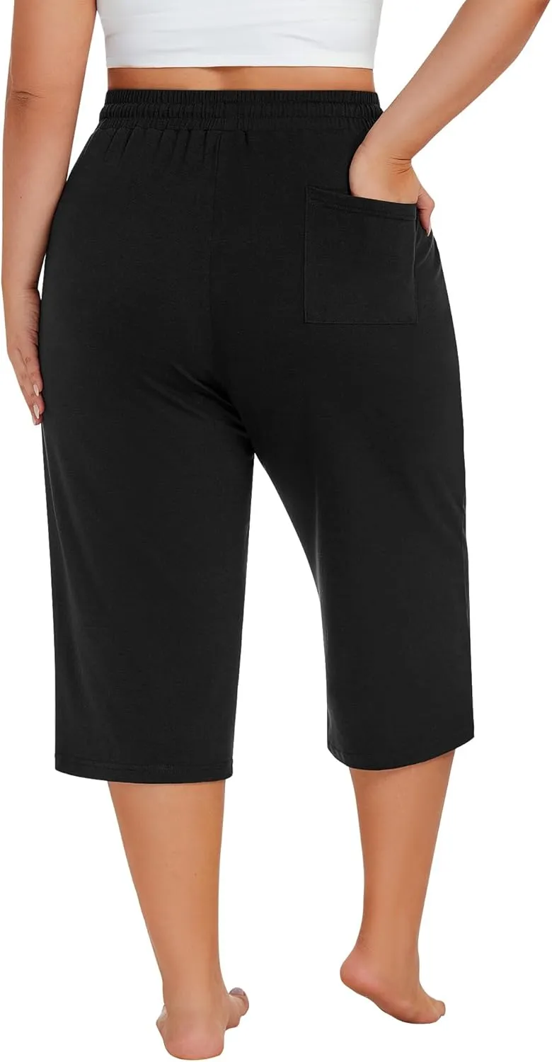 Neer 3 Pack Women's Plus Size Cotton Capris, Stretchy Wide Leg Cropped Pants with Pockets Fit Loose Lounge Pajama Sweatpants